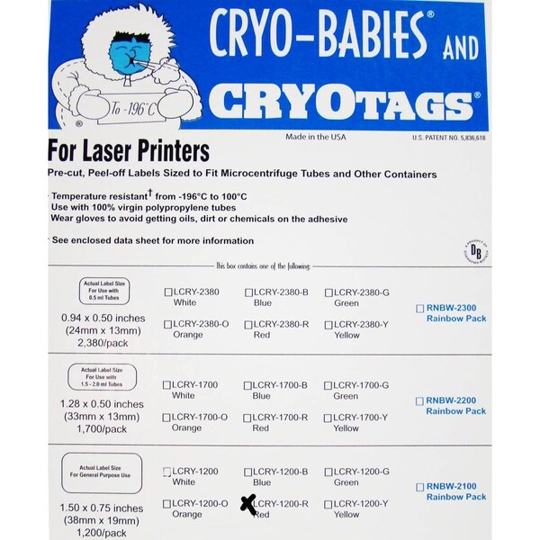 Cryo-Tags, Laser, 1 1/2x3/4", Red, 1200/pk, 1200PK